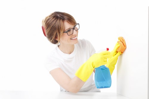 Cleaner working on upper-floor windows in Queens Park with careful access planning