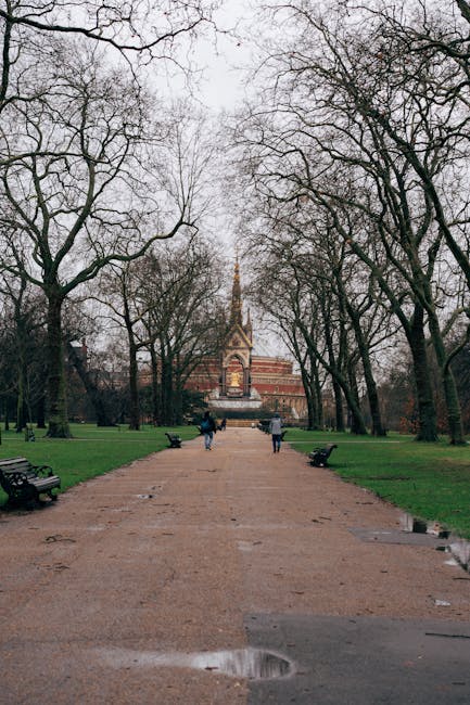 A wide pathway through Queen's Park with a sandy surface showing patches of puddles and dampness, flanked by leafless trees, leading towards a historic monument with a tall spire in the background. Th